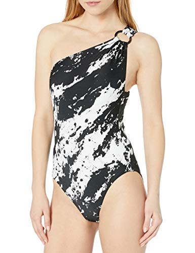 Carmen Marc Valvo Women's Shoulder One Piece Swimsuit with Ring Detail, Black, 4