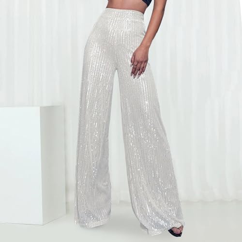 Womens Wide Leg Pants Elastic High Waist Sequin Sparkly Dance Pants Baggy Summer Fashion Baggy Palazzo Stretch Trousers2
