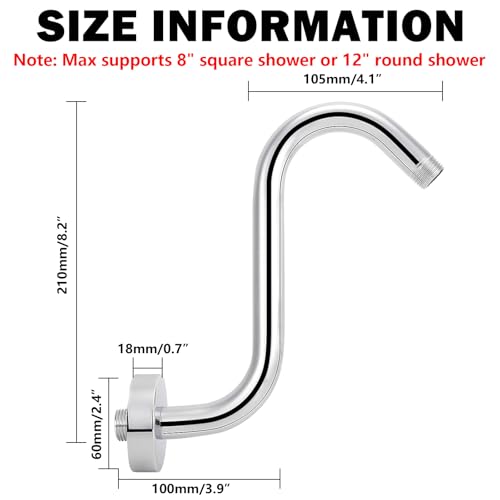 Image of NearMoon S Shaped Shower Head Riser Arm, Shower Extender Arm with Flange, Standard 1 /2 inch Connection- Bathroom Accessory (8 Inch, Chrome)