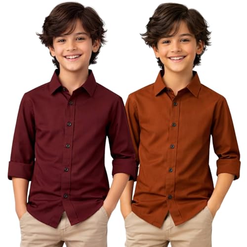 Image of YYQ Pack of 2 Boys Cotton Blend Shirts - Full Sleeve Casual, Soft & Comfortable Spread Collar Shirts