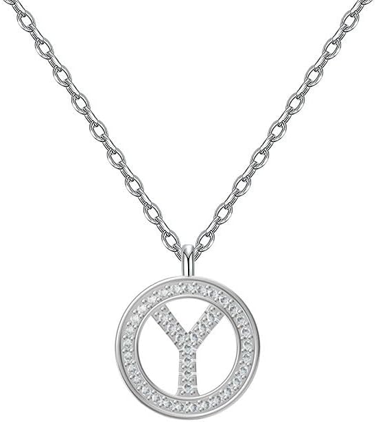 925 Silver Initial Necklaces for Women White Gold Plated Round Alphabet Letter Pendant Necklace with Cubic Zirconia Chain Length 18+2 Inch Name Necklace for Women Gift