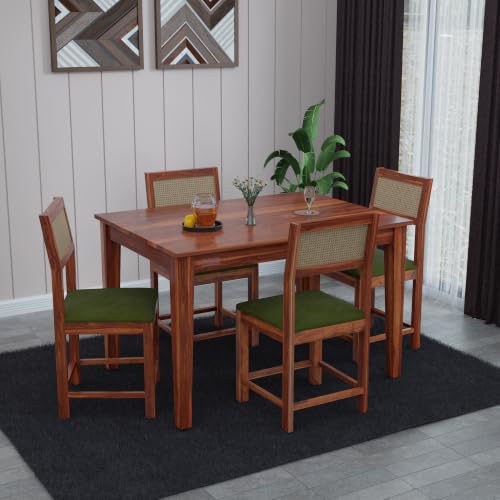 Image of DRIFTINGWOOD Amber Solid Sheesham Wood 4 Seater Dining Table Set with Rattan Back Chairs | Green Velvet Cushioned Seating for Home & Dining Room (Honey Finish, DIY)