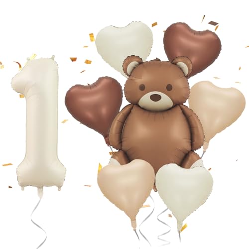 Kit de décoration pour 1er anniversaire, ballons en aluminium avec chiffre 1, ballons marron avec cœur pour garçons et filles, décoration pour anniversaire...