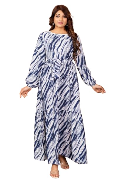 Blue Crepe Fabric no Transparency Frill Pattern Lining Print Gown Bishop Sleeves with Elastic Cuffs with Belt Gown-image-3