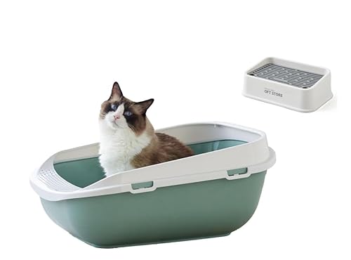 【OFT】 メガトレー ソフトグリーン + リターキャッチステップ ホワイト セット 猫用トイレ 本体 大きい猫 大きいトイレ ゆったり広々サイズ 飛び散り防止カバー付き サイズ(約) 幅48×奥65×高28.5cm