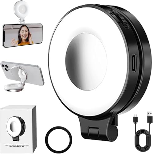 3 en 1 Lampe de Selfie Magnétique Beauté pour Téléphones, 360 ° LED Selfie Ring Lumière de Remplissage avec Miroir, Portable Rechargeable pour Selfies, Photographie, Maquillage, Vlogs, TikTok, Vidéo