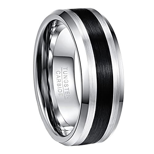 NUNCAD 8mm Bague Argenté + Noir Homme Femme en Tungstène, Anneau Unisexe Simple Mate pour Aliance Mariage Fianailles