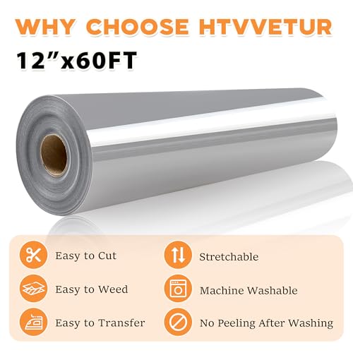 Image of HTVVETUR Iron on Vinyl 12Inch by 60ft Heat Transfer Vinyl for T-Shirt HTV Rolls for All Cutter Machine - Easy to Cut & Weed (Gray-60ft)