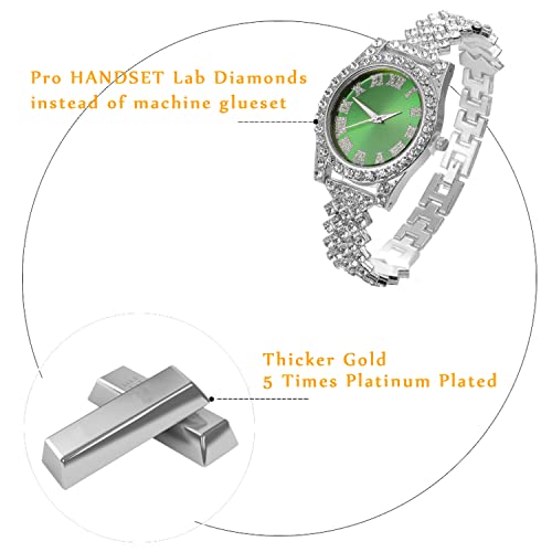 Image of Halukakah Diamonds Gold Watch Iced Out, Kid's 18K Real Gold /Platinum White Gold Plated 36MM Width Green /Blue /Red Dial Quartz Wristband 8 inch with Cuban Link Chain 7 inch+16 inch Bracelet, Free Giftbox