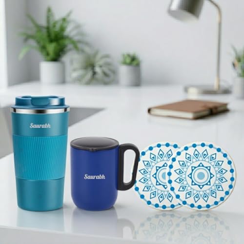 Image of Giftana 3 in 1 Personalized Tumbler with Coffee Mug 180ml & 2 Coasters - Customized Gift Set for Men & Women, Ideal for Husband, Father, Corporate Gifts for Employee (Blue 1)