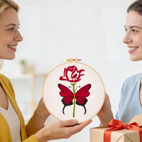 Image of Butterfly Rose Embroidery Kits for Beginners Adults, Valentine's Day Hand Embroidery Kits, Cross Stitch Kits for Adult Anniversary Valentine's Gifts, Entire Set of Embroidery Supplies & Video Tutorial