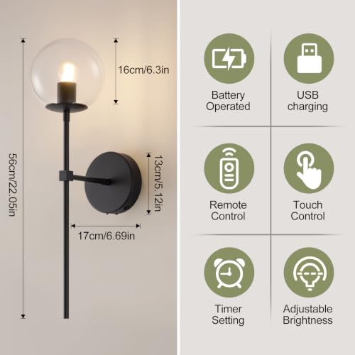 Image of Black Battery Operated wall Sconce Set of 2 Glass Globe 3000~6000K Rechargeable Wall Light Fixture Wireless Wall Lights with Clear Glass Shade for Living Room, Hallway, Bedroom(2 Pack)
