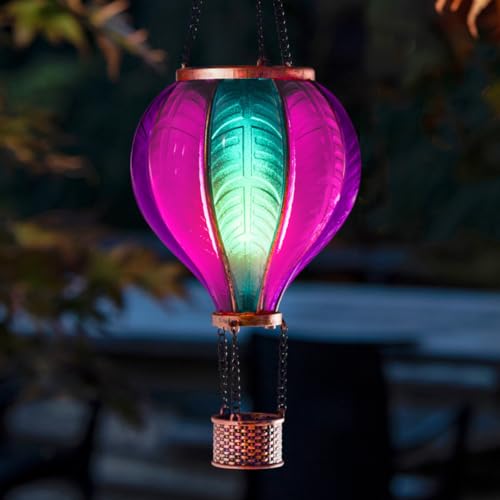 Festive Lights - 45cm Solar Power Aurora Stain Cool Fiesta Realistic Flame Outdoor Hanging SMD LED Hot Air Balloon Lantern - Pastel Glass Effect Flaming Garden Light with Handle