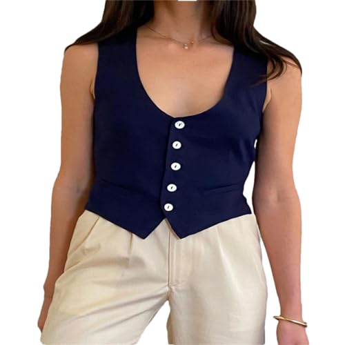 Débardeur vintage en lin bleu marine XXL pour look d'été femme chic