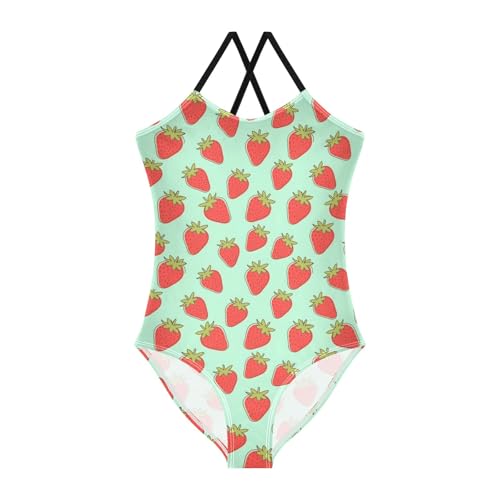 senya Girls Swimsuits One-Piece Swimwear Tie Bathing Suit Beach Summer Round Neck 5-6T Strawberry Pattern