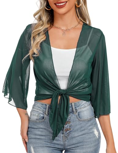 Image of Totatuit Women's Short Cardigan Bolero Sheer Shrug Tie Open Front Bell Sleeve Summer Cropped Bolero Cardigan