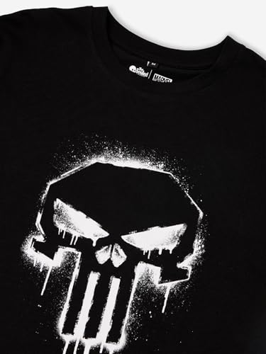 Image of The Souled Store Official Punisher: Classic Logo Men and Boys Short Sleeves Round Neck Black Graphic Printed Regular Fit Cotton T-Shirts