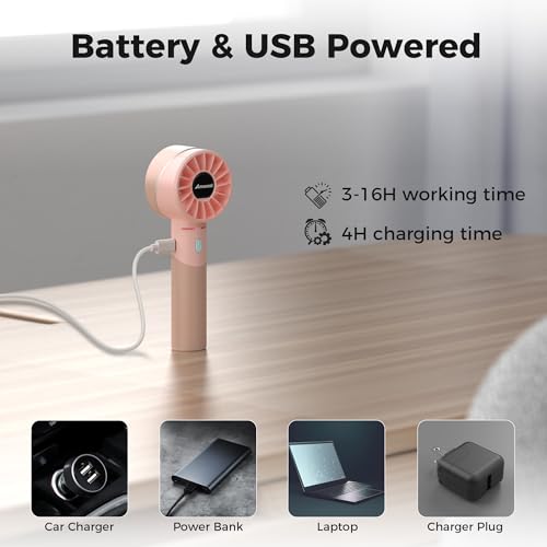 Amacool Portable Handheld Fan with Strong Air Flow, 17H Ultra-long Battery Life, 2600mAh Rechargeable 4-Speed USB Fan with Indicators, Makeup Fan for Girls, Travel Outdoors For Women(Pink) - Image 6