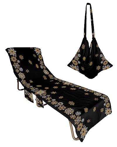 Christmas Winter, Beach Lounge Chair Towel Cover, Soft Chaise Lounge Towel with Side Pockets Patio Pool Chairs Cover for Beach/Pool Sunbathing 29x85 Xmas Snowflakes Gold Black Holiday