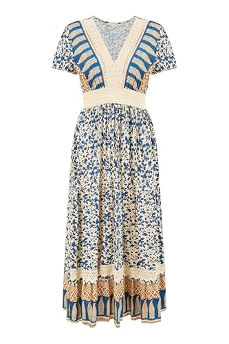 Image of Yumi Navy Viscose Leaf Print Maxi Dress with Lace Trim (UK, Numeric, 10, Regular, Regular, Blue)