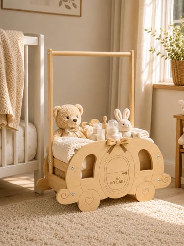 Image of Fun-Plus Baby Shower Basket, Wooden Baby Shower Crate with Handle, Pumpkin Carriage Gift Basket for Baby Shower Centerpiece, Rustic Baby Gift Basket for New Parents
