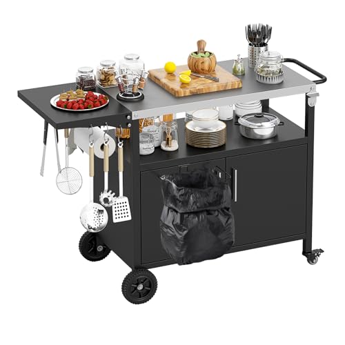 COSTWAY Carro de Barbacoa con Estante Abierto y Armario, Cocina Exterior, Encimera de Acero Inoxidable Plegable, Mueble para BBQ para Picnic, Fiesta, 127 x 50 x 84 cm
