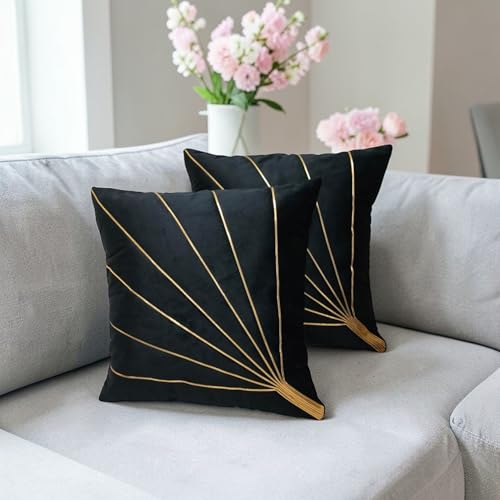 Image of Home Velvet Cushion Cover with Golden Stripes, Aqua Pack of 5, 16x16 to 26x26 Inch (Black, 16x16in)