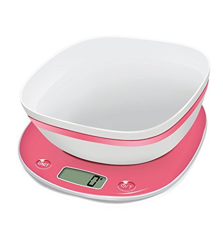 Terraillon Kitchen Scales, With Bowl, Tare, Liquid Conversions, Integrated Handle, 5 kg Capacity, Macaron, Strawberry