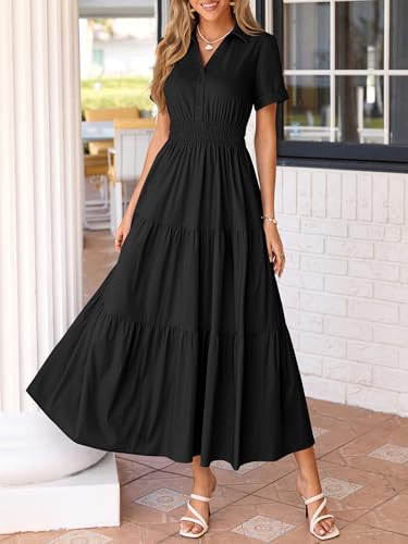 BTFBM Wedding Guest Dresses for Women Beach Fashion Casual Short Sleeve V Neck Solid Spring Summer Boho Maxi Dress (Black,Large) — view 6