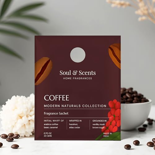 Image of Soul & Scents Coffee Fragrance Sachet | A Blend of Arabica Coffee, Caramel & Vanilla | Long-Lasting Air Freshener for Car, Wardrobe, Kitchen, and Travel Bag | Pack of 3-20gm Each