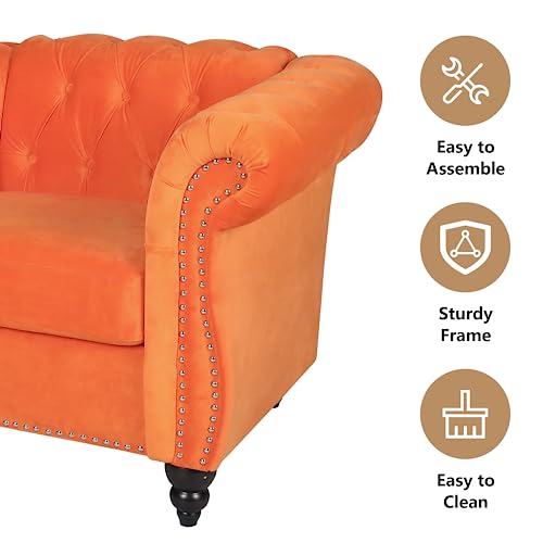 Image of QHITTY Accent Large Sofa, Chesterfield Couch 3 Seater Modern Velvet Couch Upholstered Sofa with Tufted Back for Living Room Furniture (Orange)