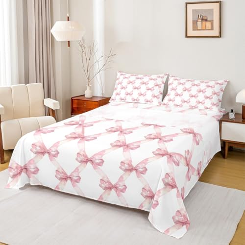 Manfei Pink Bowknot Fitted Sheet Set Full Size 4 Pcs,Dreamy Princess Style Kids Girls Teens Sheets,Watercolor Bow Geometric Grids White Bedding Sets (1 Fitted,1 Flat,2 Pillowcases) Bed Sheets
