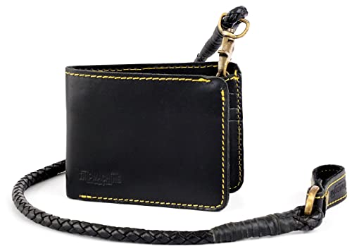 Trip Machine Company Bifold Motorcycle/Biker Genuine Leather Wallet with Braided Chain - Black 
