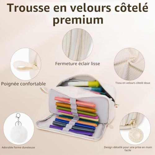 Byitin Trousse Crayons Velours, Trousse 3 Compartiments, Grande Capacité Sac de Papeterie Organisateur, Portable Pencil Case pour Fille, Garçon et Adolescent, Beige – vue 4