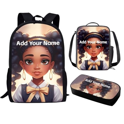 Black African Kids Backpack and Lunch Bag for Girls 10-12/12-14,American Magic Afro Bookbag with Lunch Box Custom Name Elementary School Bag Set Student Book Bag Pencil Case