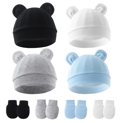 4 Set Soft Cotton Newborn Hats and Mittens, Baby Essentials for Boys and Girls, Infant Hospital Hats and Anti-Scratch Mitts 0-3 Months Must Haves