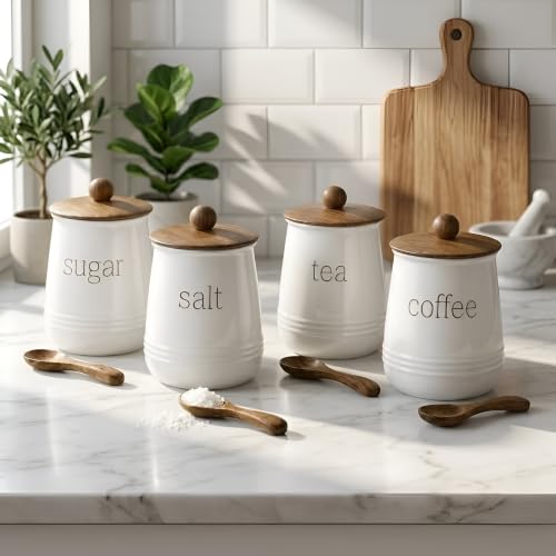 Image of Stylish Airtight Container for Kitchen, Tea Coffee Sugar Salt Storage, Metal with Wooden Lid & Spoon, 1000ml, Canister for Kitchen Counter top | Food-Safe Jar Set-4 (Tea Coffee Sugar & Salt)