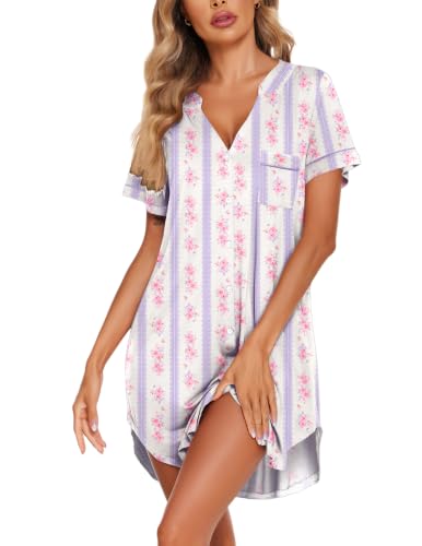 Image of Ekouaer Nightgowns for Women Button Down Night Gown Short Sleeve Sleepshirt | V Neck Nightshirt Soft Sleepwear Pajams Dress for Night, Sleep, Bedroom, Labor, Delivery, Maternity, Nursing, Hospital