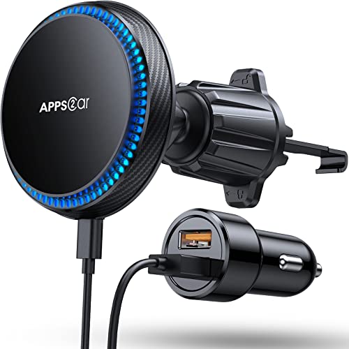 APPS2Car 15w trådlös laddare bil mobiltelefonhållare med laddningsfunktion 3 200 RPM kylsystem, för mag-safe billaddare magnetisk mobiltelefonhållare för iPhone 15/14/13 etc