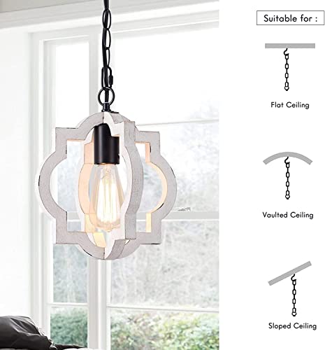 1-Light Farmhouse Plug In Pendant Light,Wood Hanging Light With 16.4Ft Cord With Switch,Hand-Painted Distressing White Finish,For Kitchen Dinning Room Bathroom #TOP3