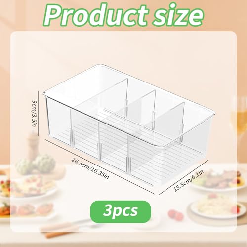 Eidoct 3 Pack Fridge Organiser Divided, Fridge Storage Organiser, Bins Stackable Storage Container with Removable Clear Divider, Drawer and Food Organizer, for Kitchen Refrigerator Cupboard Pantry