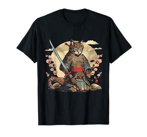 Vintage Japanese Samurai Ninja Cat Tattoo Kawaii Camiseta