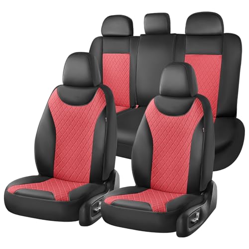 Image of Coverado Front and Back Seat Covers, 5 PCS Leather Seat Covers for Cars, Car Seat Protectors with Splicing Design,Universal Car Seat Cushions Waterproof Seat Covers Fit for Most Cars, Black & Red