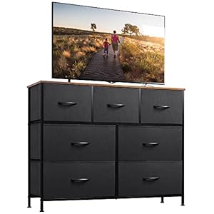 WLIVE Dresser TV Stand, Entertainment Center with Fabric Drawers, Media Console Table with Metal Frame and Wood Top for TV up to 45 inch, Chest of Drawers for Bedroom, Black and Rustic Brown