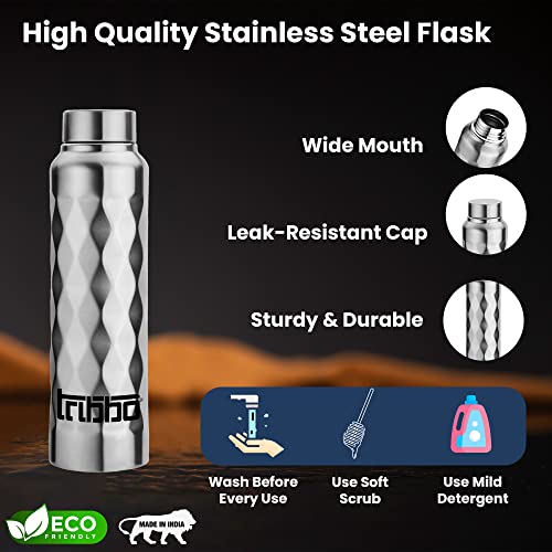 Image of TRIBBO Stainless Steel Water Bottle 1 litre, Water Bottles For Fridge, School,Gym,Home,office,Boys, Girls, Kids, Leak Proof(SILVER,SIPPER CAP, SET OF 1, 1000 ML Model-diamond)