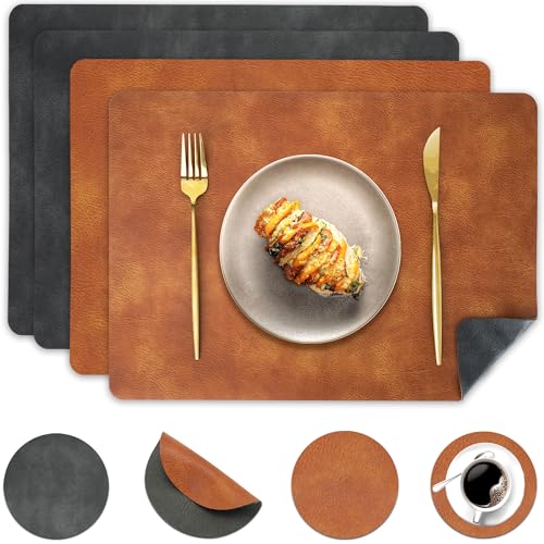 Pixieora Faux Leather Placemats and Coasters Set of 4, Washable Reversible Placemats Cowhide Pattern Place Mats Waterproof Non-Slip Kitchen Dining Table Mats Drink Coasters (Gray Brown, 4)