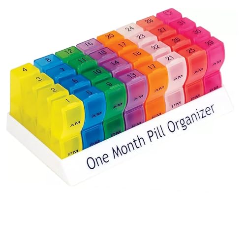 One Month Pill Organiser - AM and PM Compartments Colour Coded for Easy Identification Travel Medication Management Pill Storage 32 Dispensers for Vitamins Medicine Dossete Box Monthly