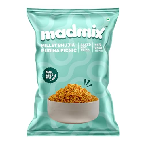 Image of Madmix All Snack Mix | Ultimate Snacking Combo | No preservatives, Baked, Gluten-Free, Vegan and Healthy Snacks | Grab-n-Go Snack Mix | Millet Puffs X 10 | Baked Bhujia X 6 | Paan and Mango Flavoured Raisins X 4