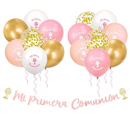 Banner minha primeira comunhão e 15 unidades balões decoração festa de comunhão grinalda rosa balões decorativos para festa de comunhão de meninas infantis