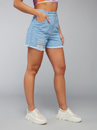 Image of Dolce Crudo Women's Relaxed Fit Mid Rise Highly Distressed Regular Length Denim Shorts